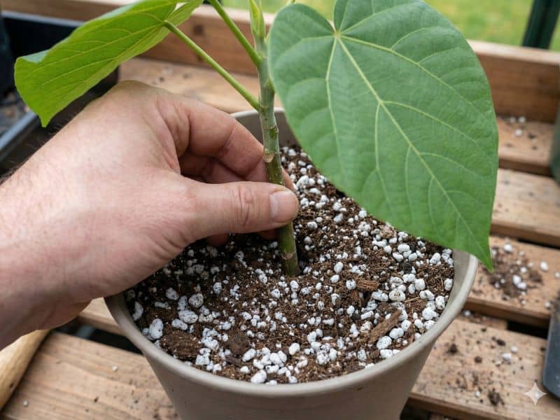 Muda de figueira chilena sendo plantada por estaca em vaso