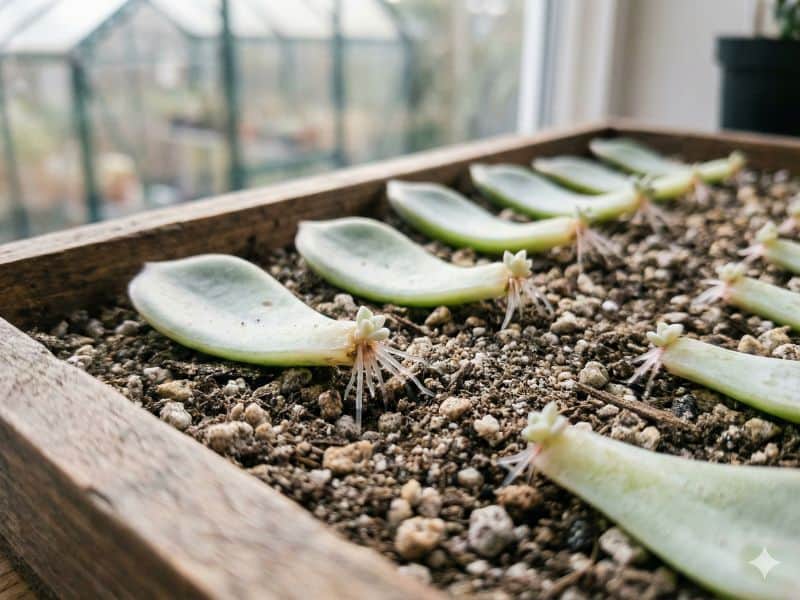 Mudas de echeveria elegans feitas por folhas, com raízes surgindo no substrato, mostrando a propagação da suculenta rosa-de-pedra
