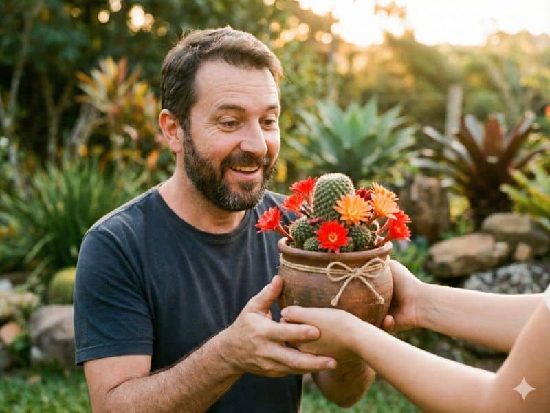 O que dar de presente para homem: cacto florido sendo entregue como opção diferente e simbólica