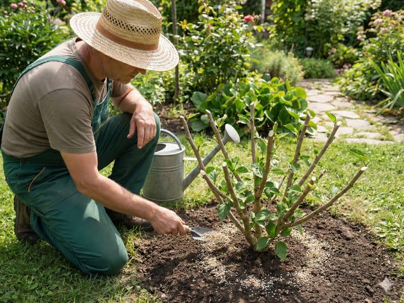 Jardineiro aplicando adubação após poda ao aplicar como podar hibiscos corretamente