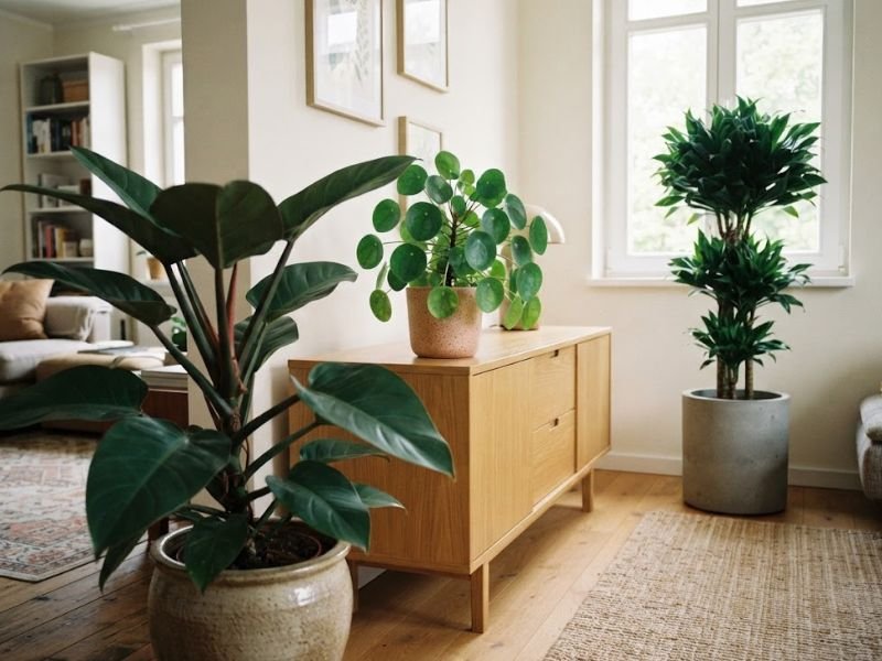Pacová, pilea e dracena compacta cultivados em ambiente interno com luz indireta