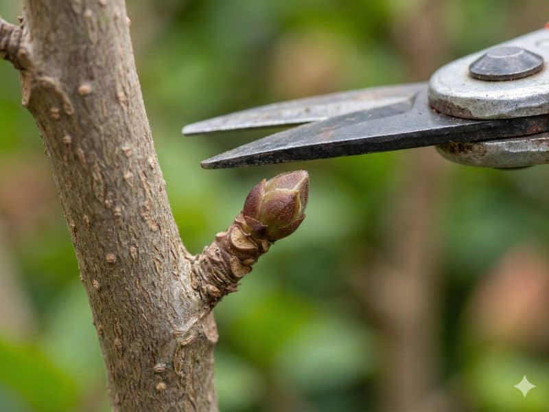 Tesoura posicionada acima da gema ativa mostrando onde faço o corte no galho ao aplicar como podar hibiscos