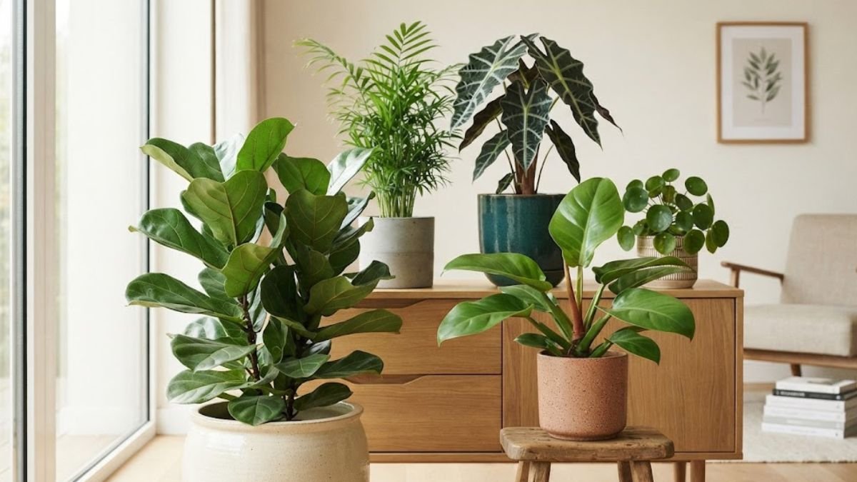 Plantas em ambientes fechados com ficus lyrata, pacová, camedórea, alocasia e pilea dentro de casa