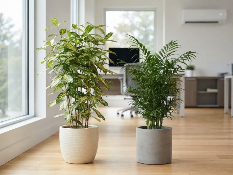 Dracaena surculosa e palmeira-camedórea em escritório com ar-condicionado