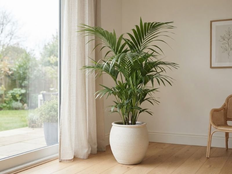 Palmeira-kentia em vaso próxima de janela ampla com luz natural indireta