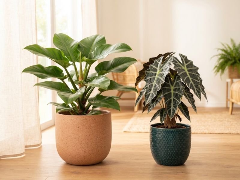 Pacová e alocasia amazônica em ambiente interno quente com luz natural filtrada