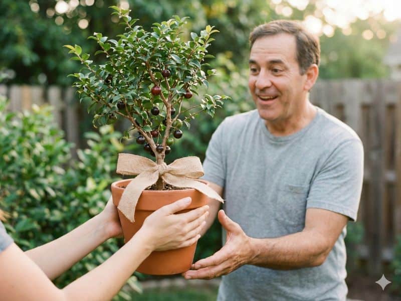 Plantas para homens contemplativos como mini árvore frutífera sendo entregue como presente diferente para homem