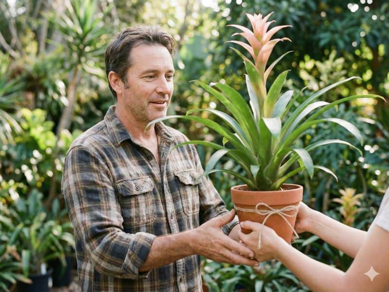 Plantas para homens urbanos como bromélia ornamental sendo entregue como presente diferente para homem