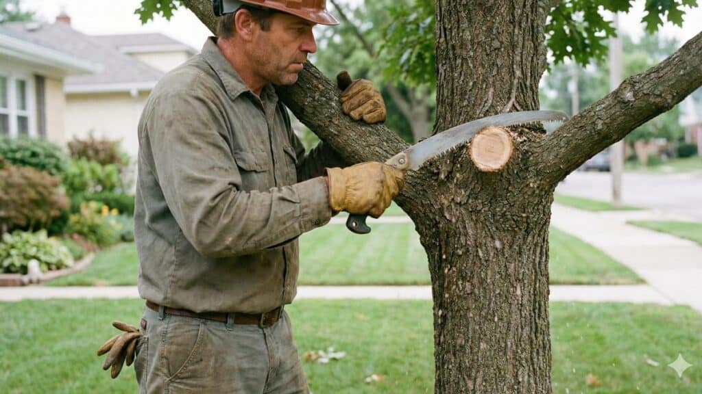 podas de árvores com serrote realizando corte estrutural correto em galho grosso próximo ao tronco