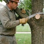 podas de árvores com serrote realizando corte estrutural correto em galho grosso próximo ao tronco