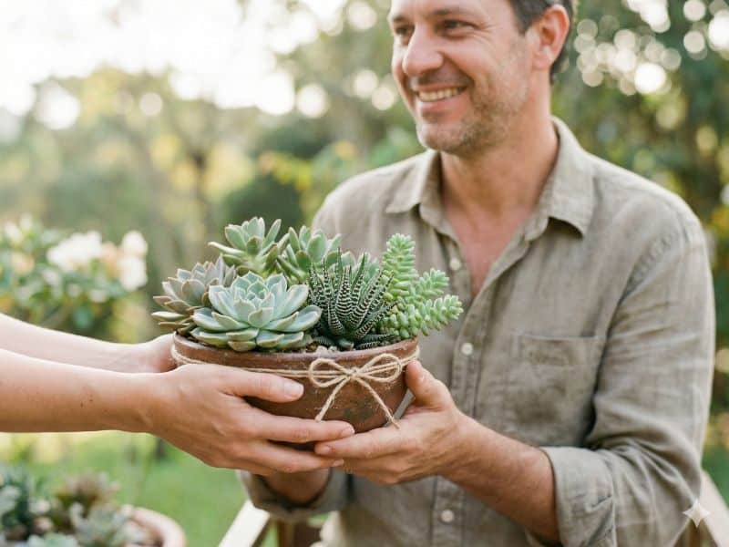 Presente diferente para homem com mini jardim de suculentas sendo entregue como gesto simbólico