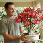 Presente diferente para homem com rosa do deserto florida sendo recebida em um jardim