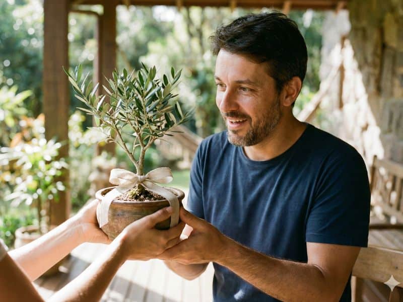 Presentes para homens barato como bonsai de oliveira sendo entregue como presente diferente para homem