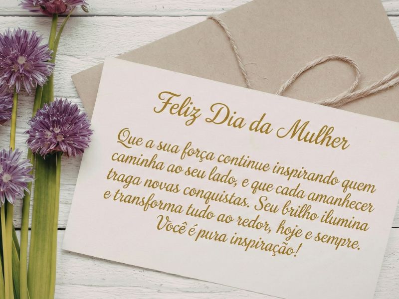 cartão com mensagem feliz dia da mulher apoiado sobre mesa clara com flores roxas representando o significado das mensagens ao dia internacional da mulher