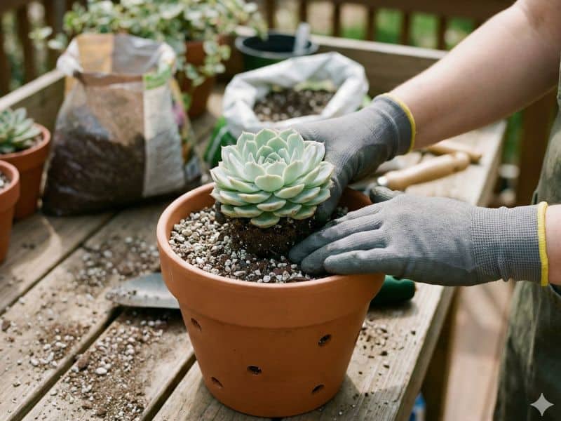 Echeveria elegans sendo plantada em substrato bem drenado, com solo próprio para suculentas e preparo adequado para adubação
