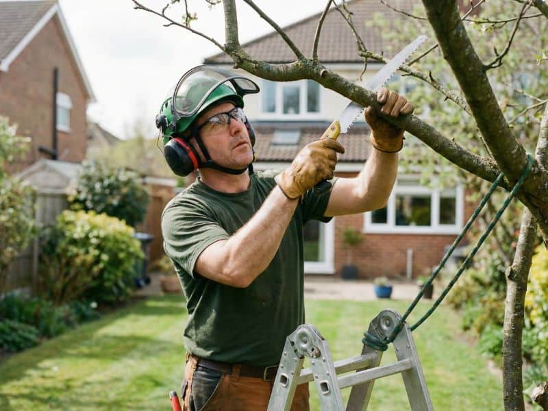 profissional realizando tipos de poda e objetivos estruturais em árvores com uso de serrote e equipamentos de proteção