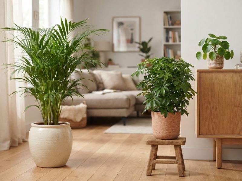 Palmeira-kentia, cheflera-anã e pilea decorando ambiente interno claro