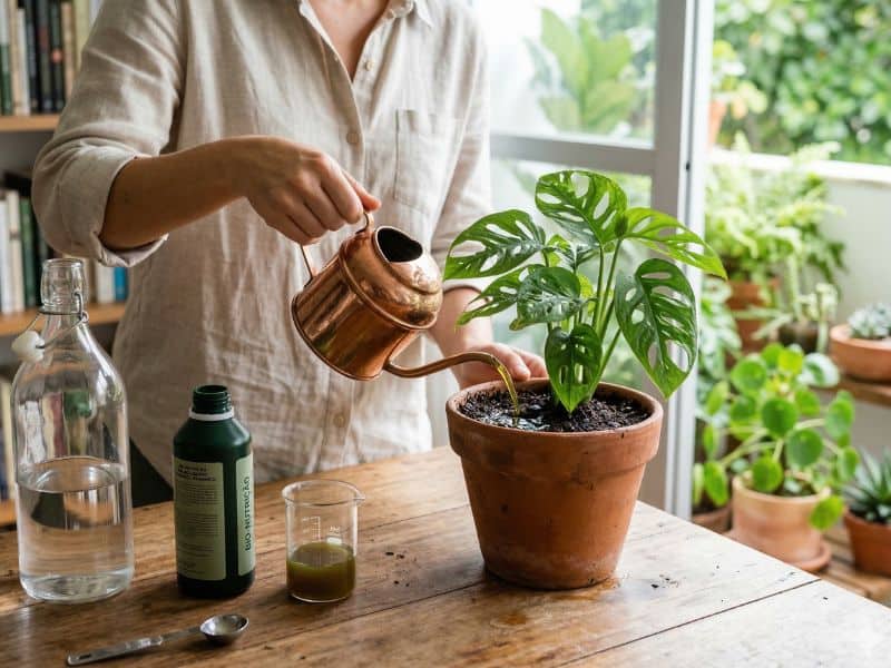 Adubação líquida e de manutenção em planta de vaso com aplicação de solução nutritiva