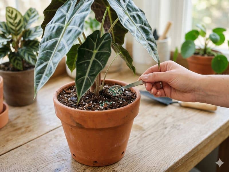 Adubação mineral em planta de vaso com aplicação controlada de fertilizante granulado