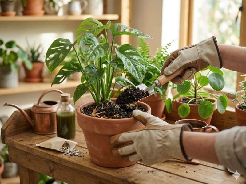 Adubação orgânica em planta de vaso com aplicação de composto no substrato
