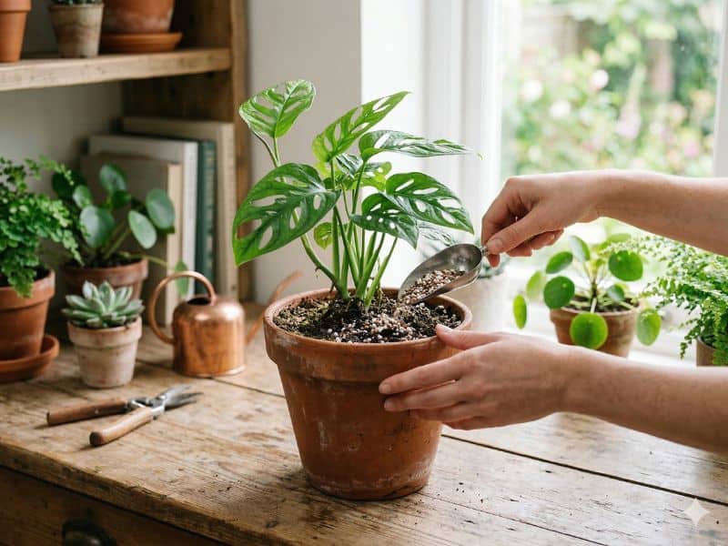 Adubação para plantas em vasos com aplicação de fertilizante em planta cultivada em recipiente