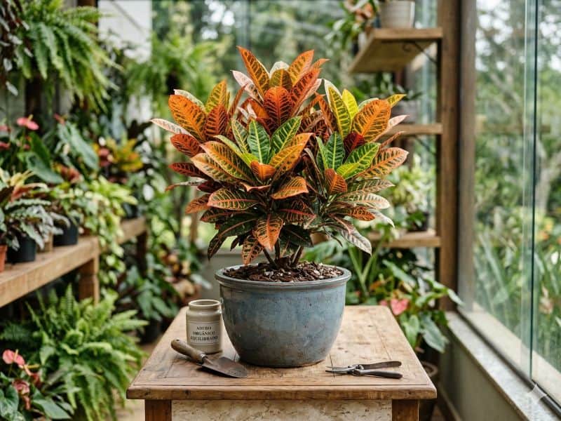 cróton em vaso com adubo para folhas vigorosas