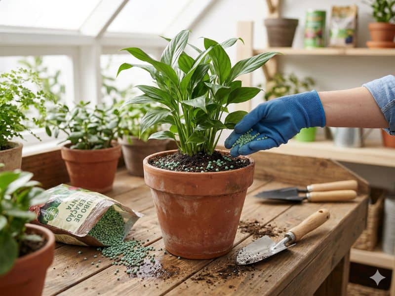 adubação para plantas com adubo granulado e de liberação lenta em vaso
