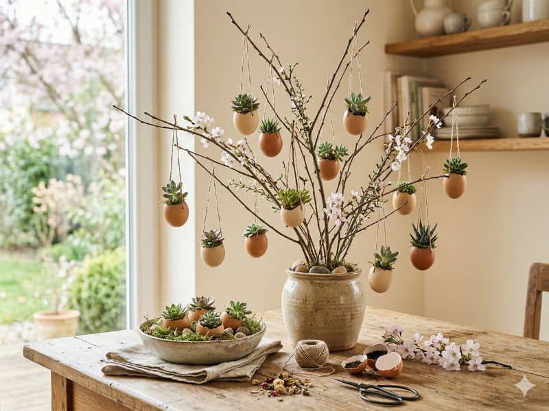 árvore de Páscoa com casquinha de ovo e suculentas em decoração delicada