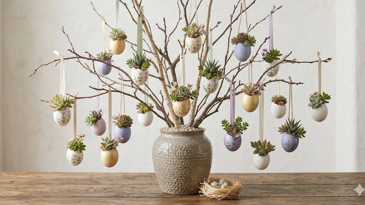 árvore de páscoa com suculentas na casquinha de ovo em galhos decorados
