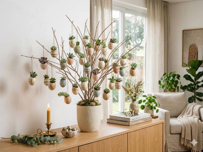 árvore de Páscoa na decoração com casquinhas e suculentas em ambiente delicado