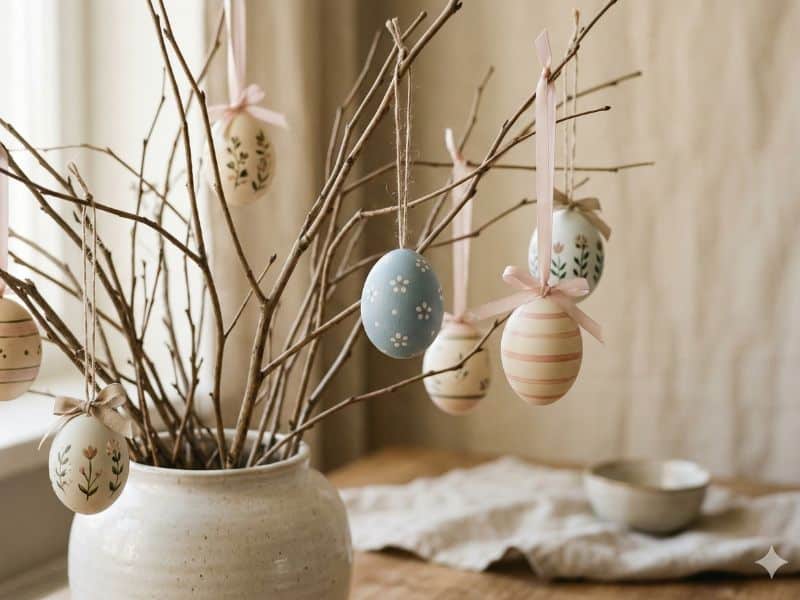 árvore de Páscoa com ovos decorados em galhos secos representando a tradição Osterbaum