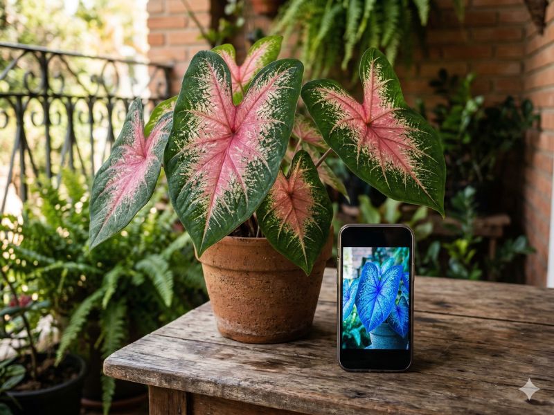 caladium (tinhorão) com folhas naturais e foto azul no celular mostrando filtro
