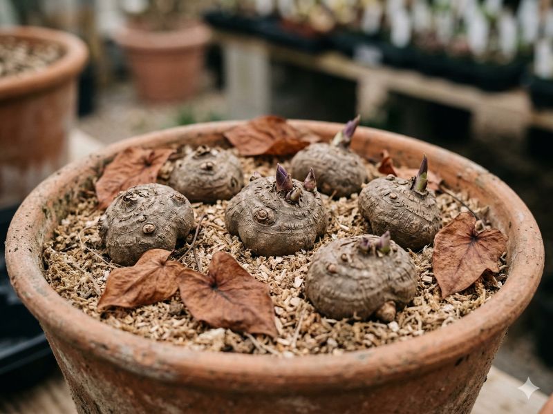 caladium (tinhorão) em dormência no inverno com bulbos e brotos no vaso
