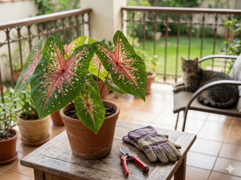 caladium (tinhorão) em vaso com luvas e tesoura de poda, longe de pets