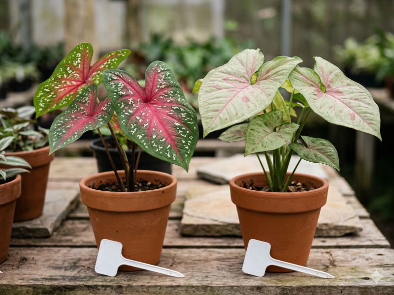 caladium (tinhorão) em vasos com duas mudas e etiquetas para identificação