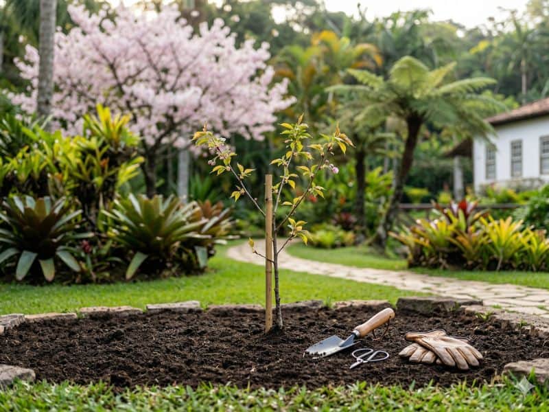 cerejeira do japão sendo plantada em jardim com solo preparado