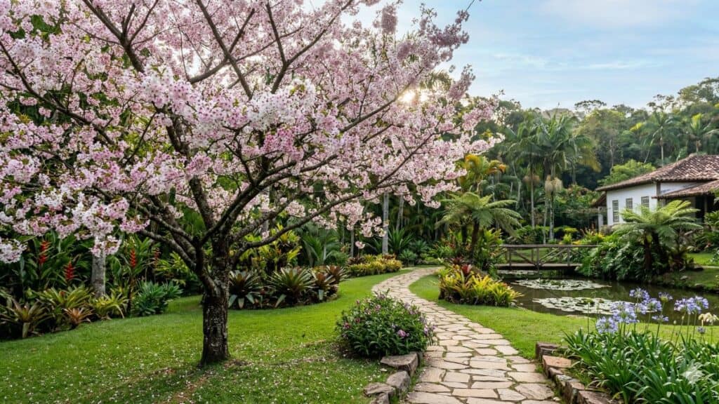 cerejeira do japão florida em jardim brasileiro