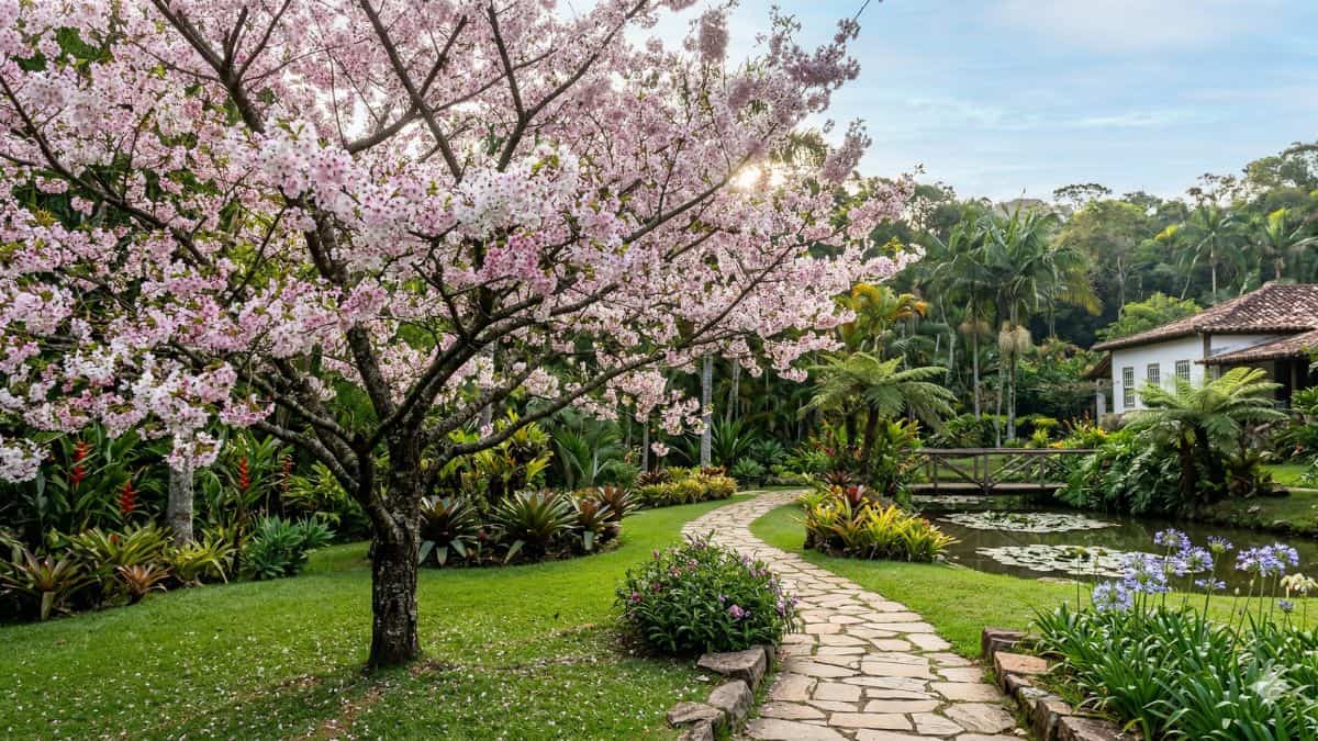 cerejeira do japão florida em jardim brasileiro