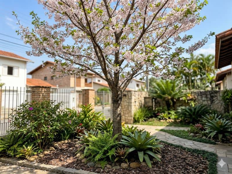 árvore sakura adaptada ao clima brasileiro em jardim residencial