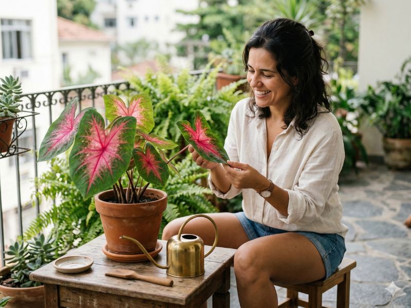 como cuidar de caladium (tinhorão) em vaso com luz indireta e folhas saudáveis