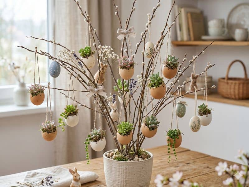 árvore de Páscoa com casquinha de ovo e suculentas em decoração delicada