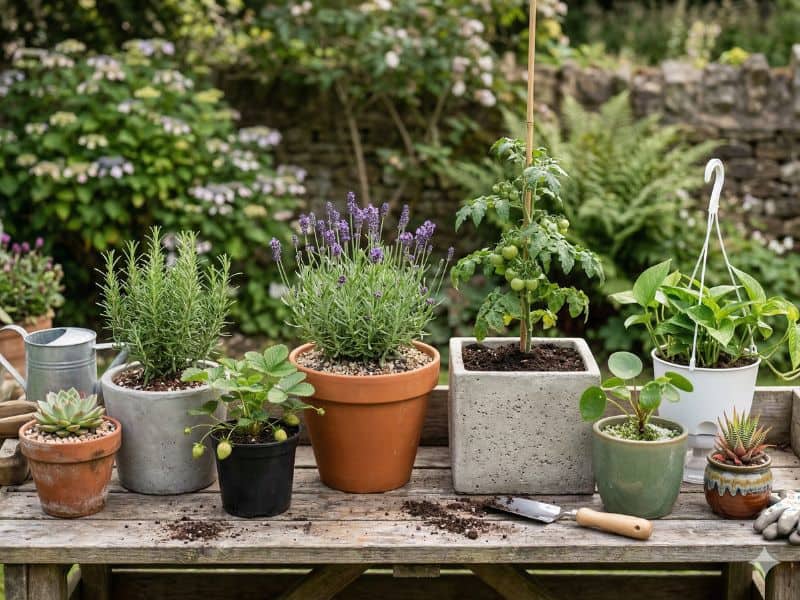 Plantas em vasos de diferentes tamanhos e materiais organizadas para mostrar como escolher o vaso certo
