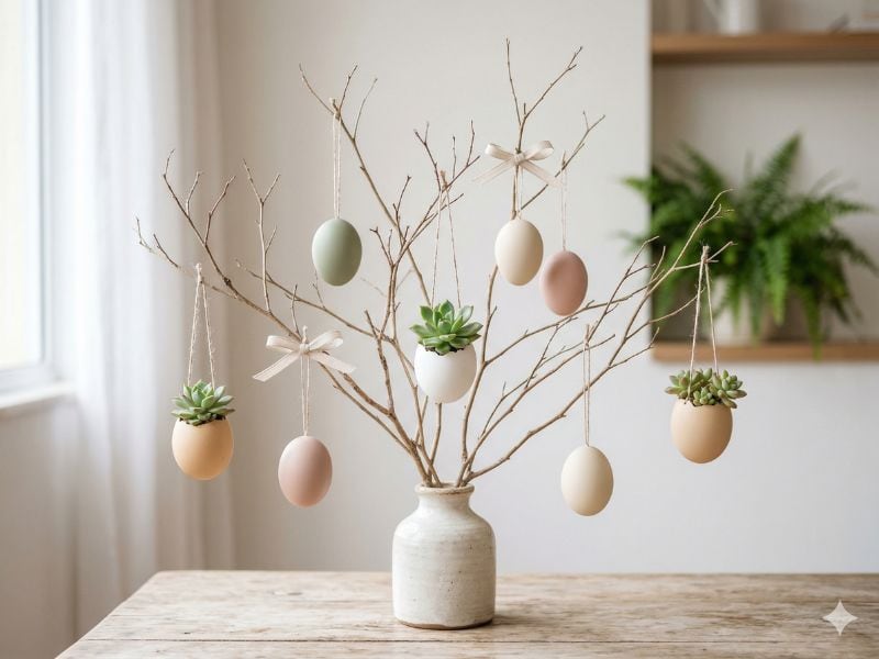 como manter a árvore de Páscoa delicada com suculentas e ovos decorados