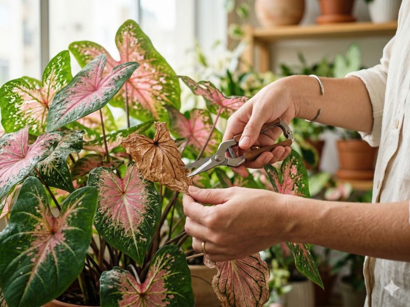 como manter folhas saudáveis do caladium (tinhorão) removendo folhas secas