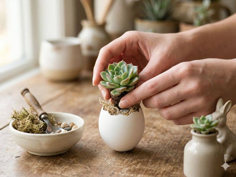 como não danifico a suculenta na casquinha de ovo da árvore de Páscoa