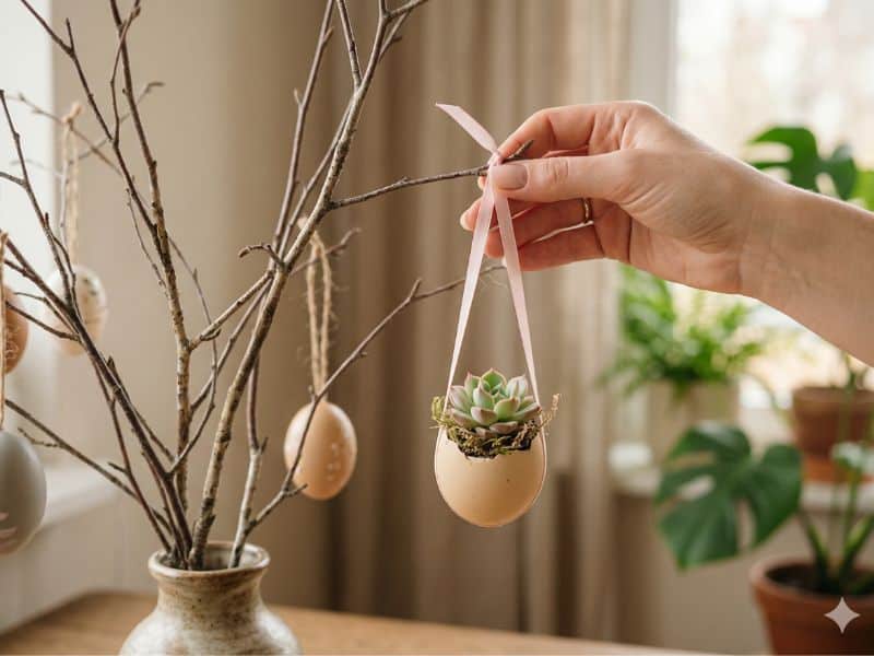 como pendurar a casquinha de ovo com suculenta nos galhos da árvore de Páscoa