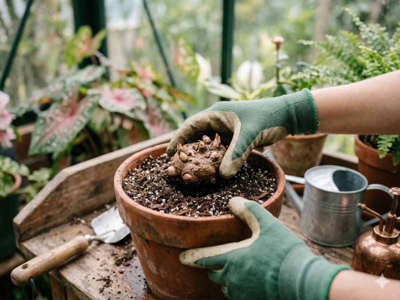 como plantar bulbo de caladium (tinhorão) em vaso com substrato drenável
