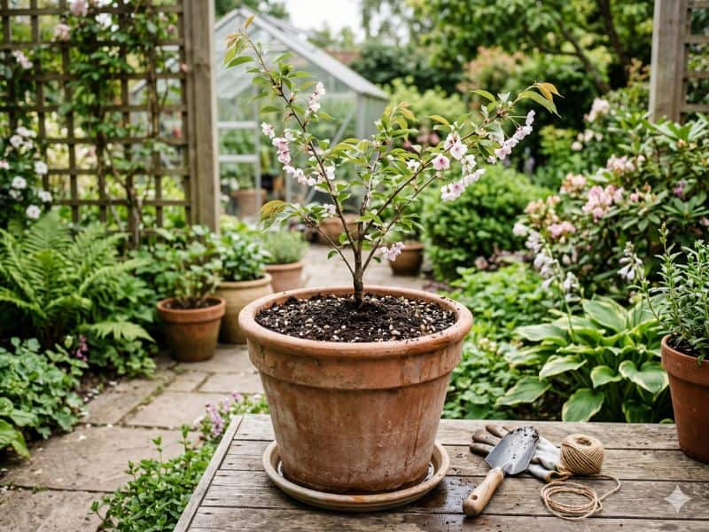 cerejeira do japão em vaso com substrato preparado para plantio
