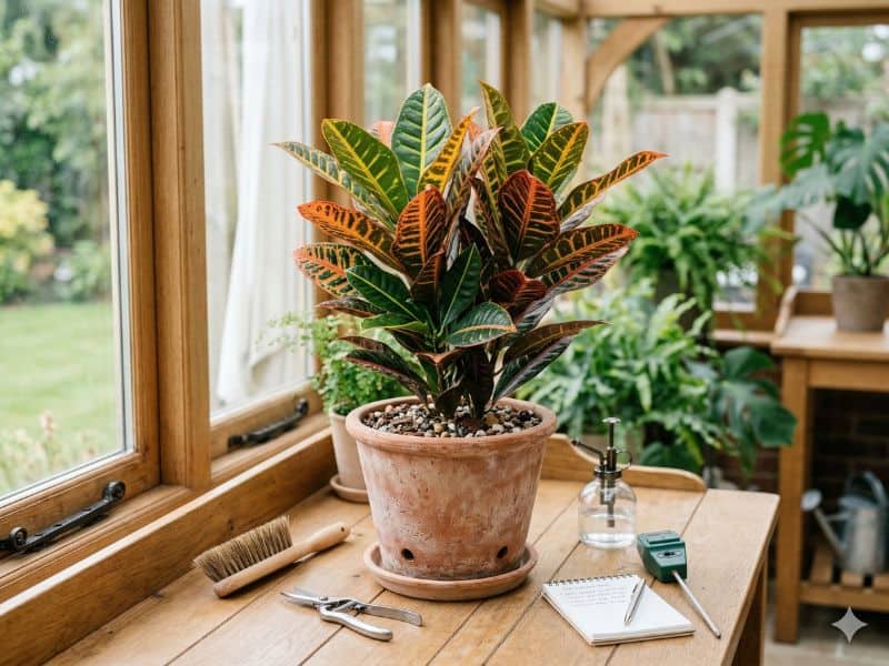 cróton em vaso com inspeção de folhas para prevenir pragas