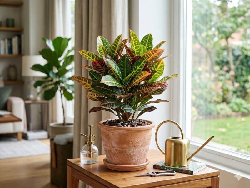 cróton em vaso dentro de casa com materiais de cuidado ao lado